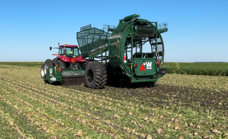 Art's Way beet harvester pulled by a case tractor during sugar beet harvest